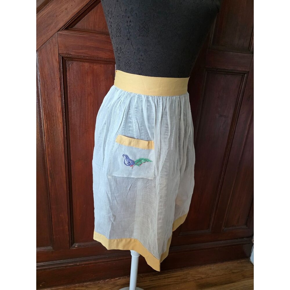 Vintage Sheer White Apron With Yellow Trim & Embroidered Eggplant Pocket